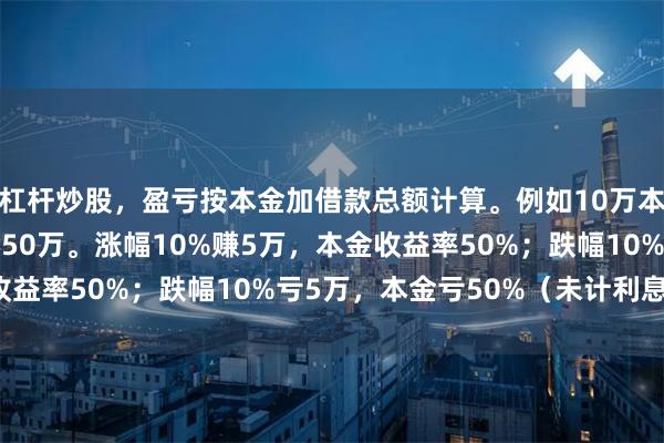 杠杆炒股,盈亏按本金加借款总额计算。例如10万本金,4倍杠杆,总资金50万。涨幅10%赚5万,本金收益率50%;跌幅10%亏5万,本金亏50%(未计利息)。